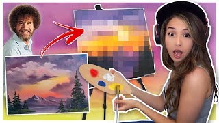 Pokimane tries following a Bob Ross Painting Tutorial [upl. by Dranel912]