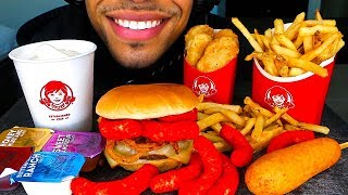 ASMR WENDYS MUKBANG HOT CHEETOS NUGGETS CHEESEBURGER CORN DOG FROSTY FRIES JERRY EATING SHOW [upl. by Atinomar325]